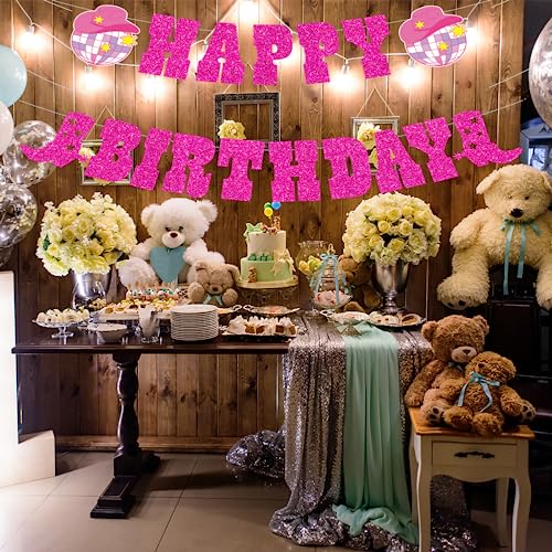 Image of Western Cowgirl Happy Birthday Decorations,Glitter Banner Boot and Cowgirl Hat Disco Ball Garland for Disco Party Girls Birthday Bachelorette Party