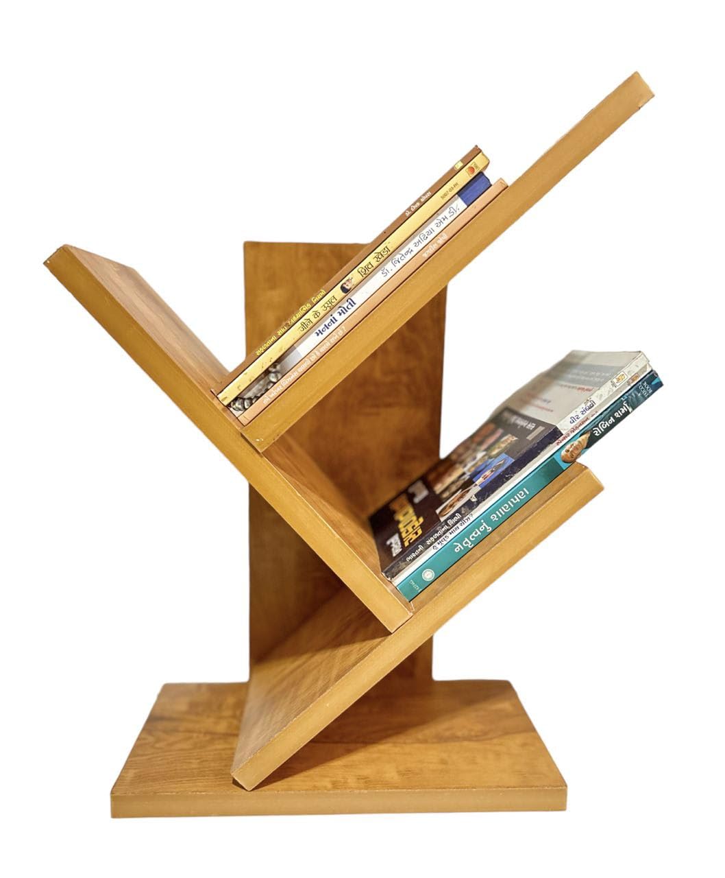 Wooden Book Rack,Rectangular Space Saver Engineered Wood Book Shelf for Home, Living Room and Office, Table Top Free Standing, Laminated Finish, Modern Tree Shape (3 Tier Yellow)-image-15