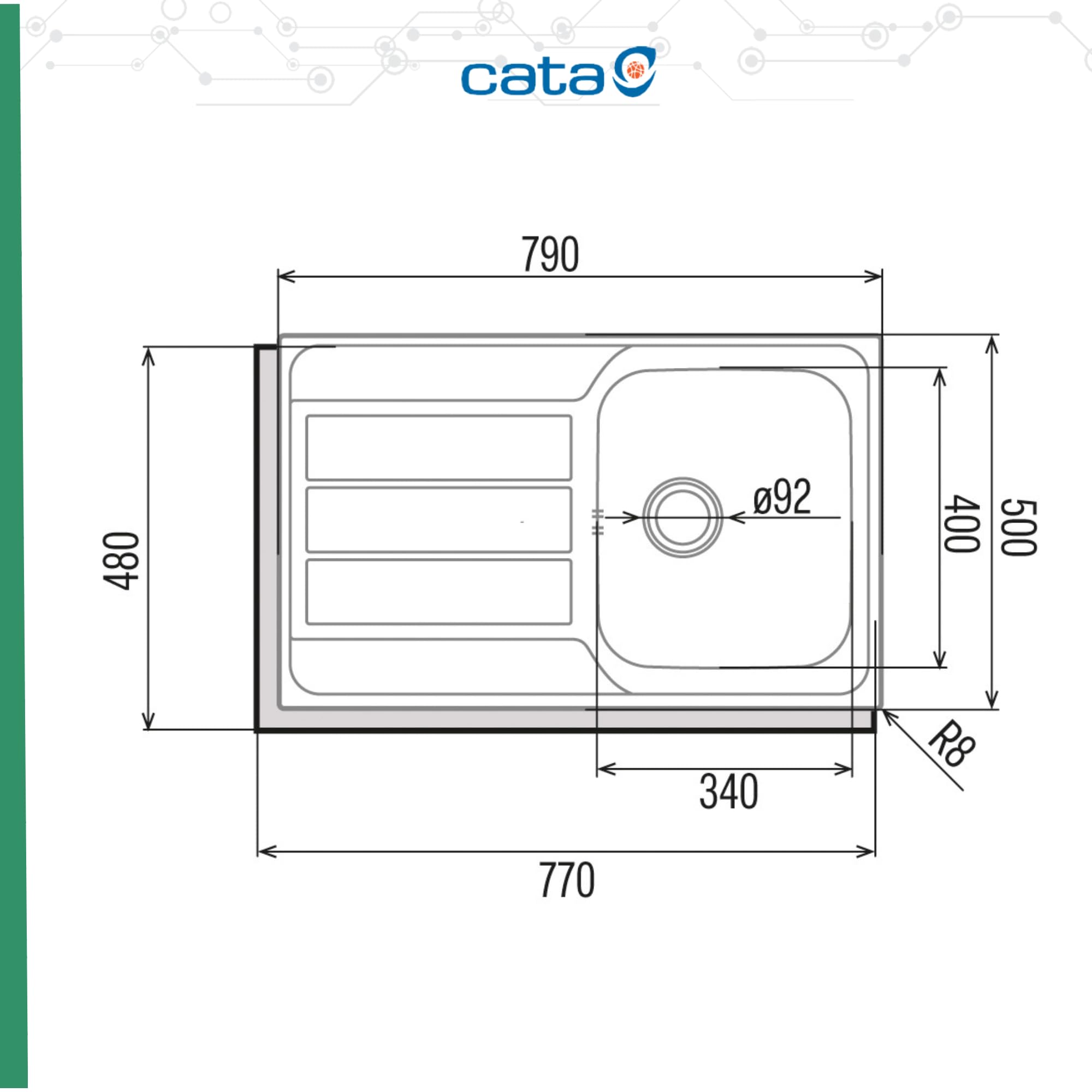 CATA FREGADERO CDL 1 Reversible con Cubeta Cuadrada con Escurridor Profundidad de la Cubeta 18 cm Instalación en Mueble de 45 cm Base con Fondo Absorbente Válvula Canasta 3 1/2" Ancho 77 cm Color Inox