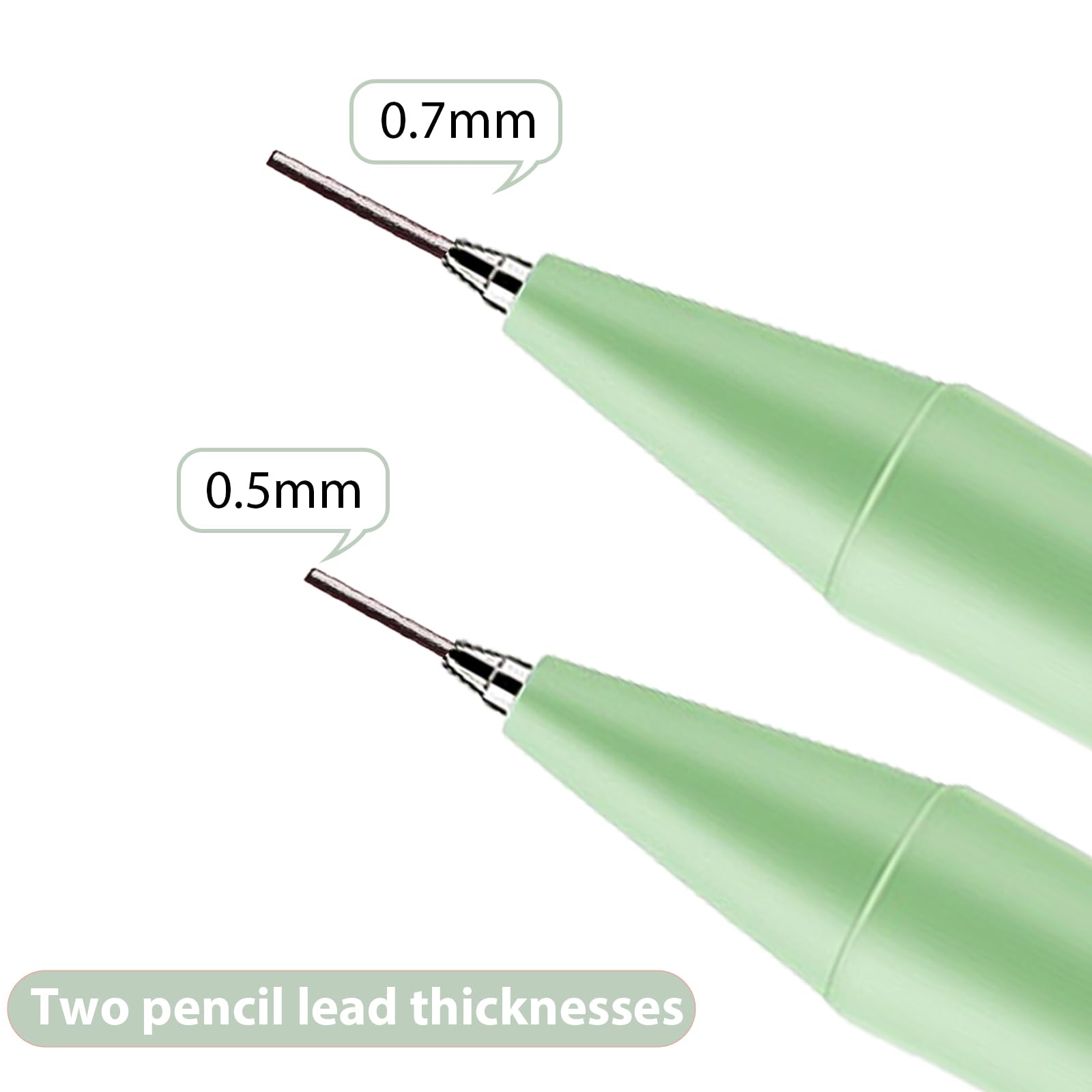 Lot de 4 porte-mines mignons verts avec gomme de 0,5 mm et 0,7 mm - Kawaii - Pour l'école, le bureau, l'écriture, le dessin