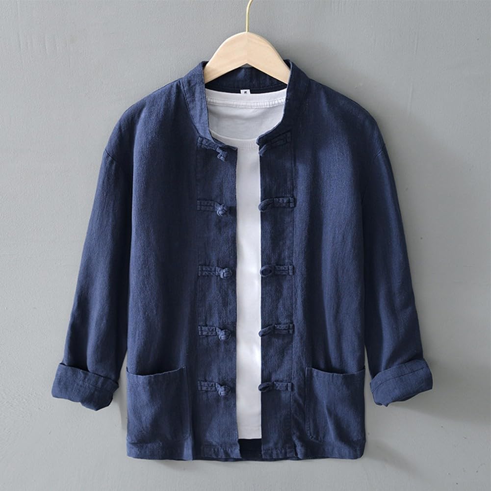 Camicie tradizionali cinesi da uomo, top casual (blu scuro)