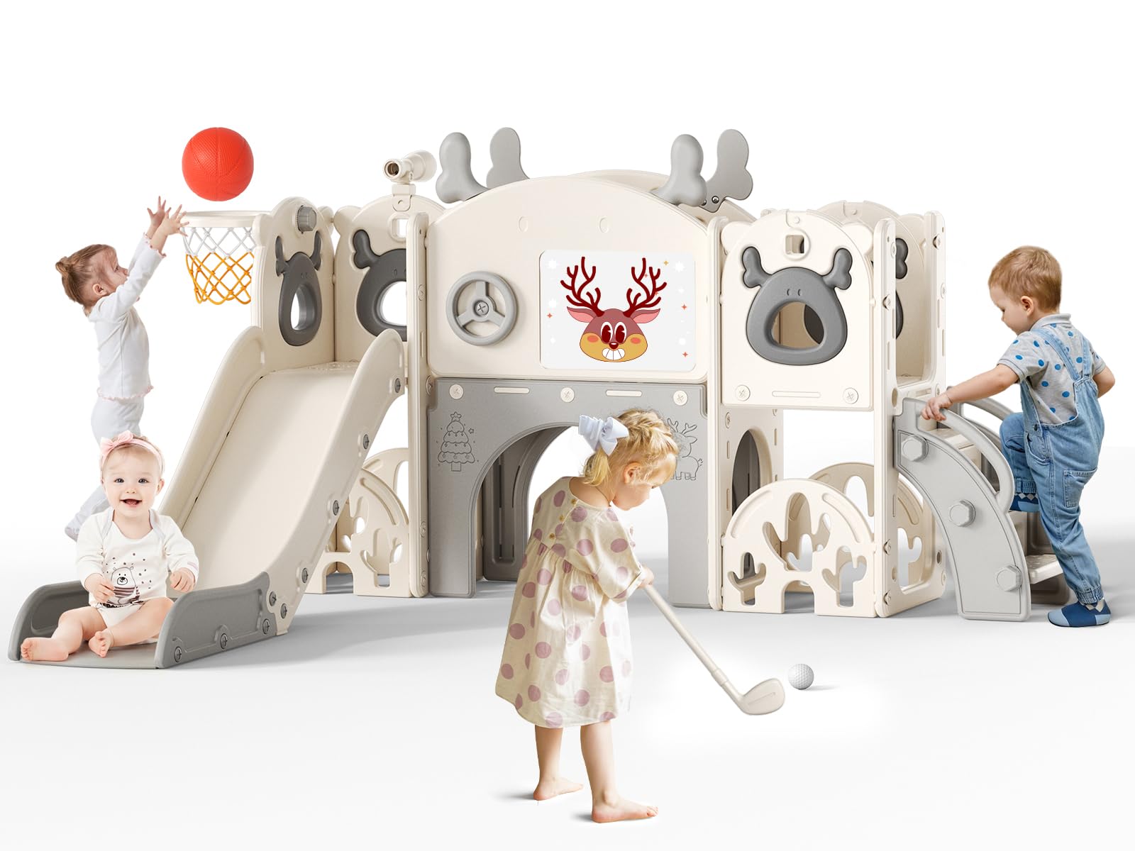 Tobogán 7 en 1 para niños pequeños, tobogán con temática de Alce navideño y Juego de Golf, tobogán para bebés de 1 a 3 años (Beige Gris- 7 en 1)