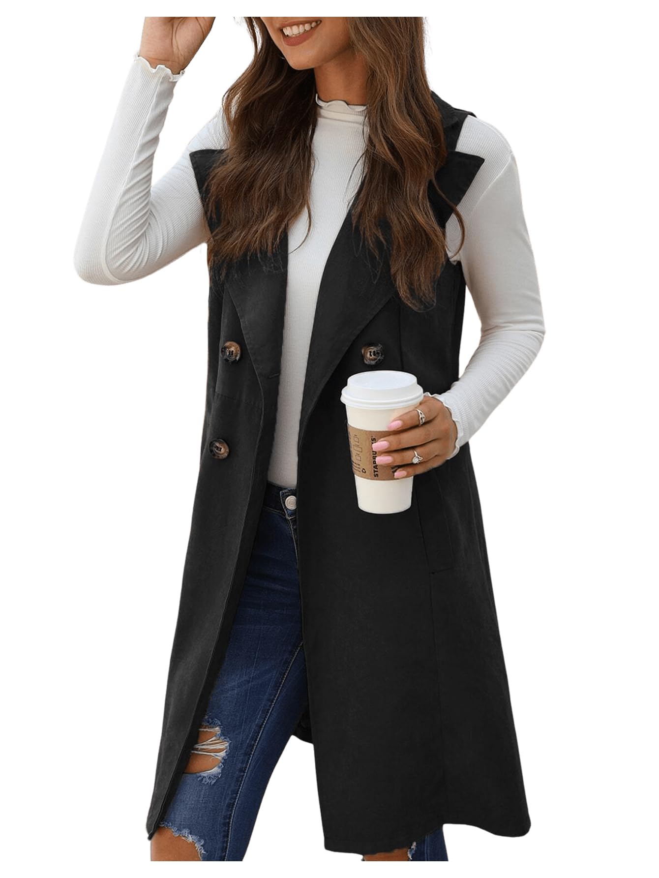 GORGLITTER Women's Western Long Blazer Vest Sleeveless Cowgirl Trendy Fashion Casual Business Casual Work Trench Coat