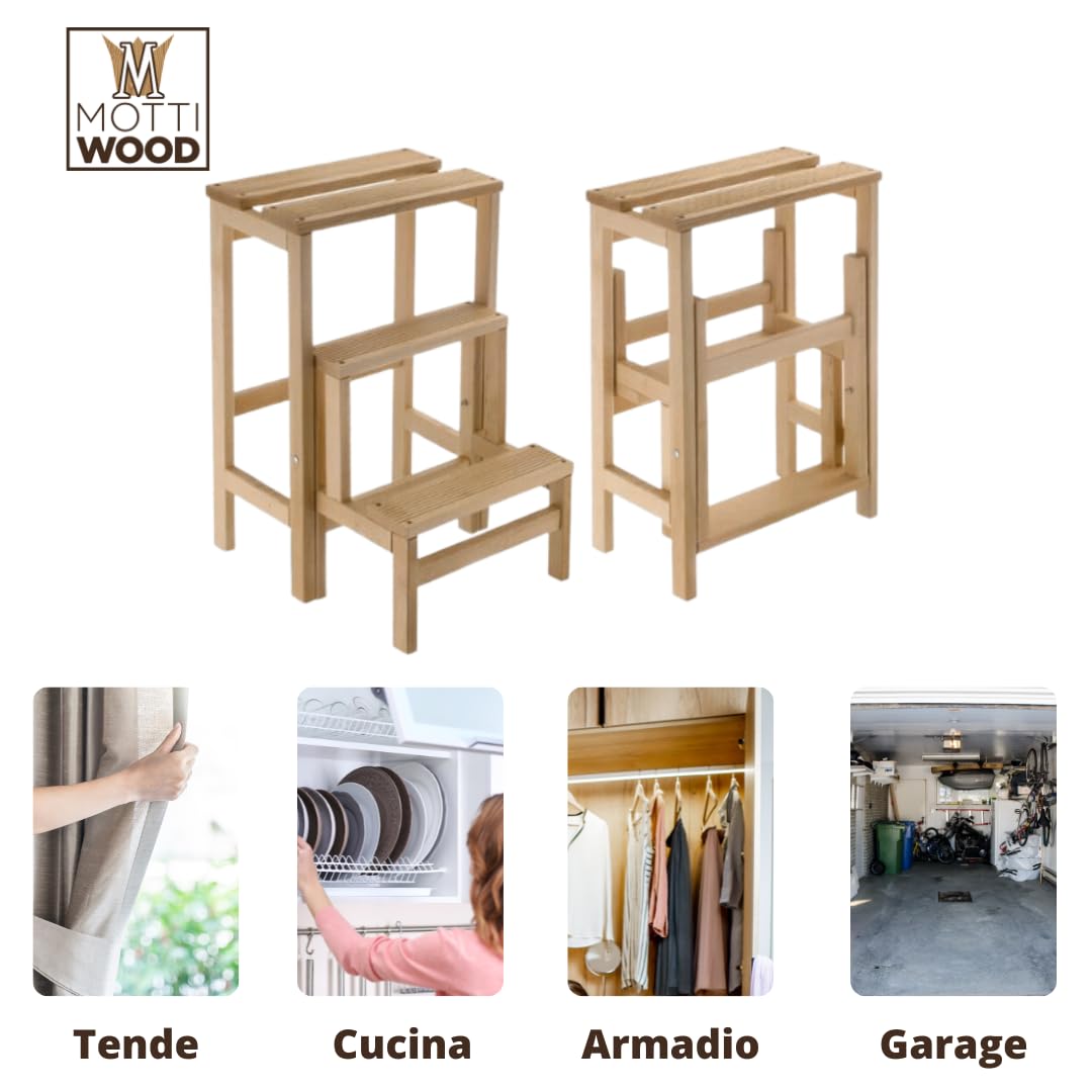 Taburete con escalera de madera de haya natural plegable, ahorra espacio, 3 peldaños