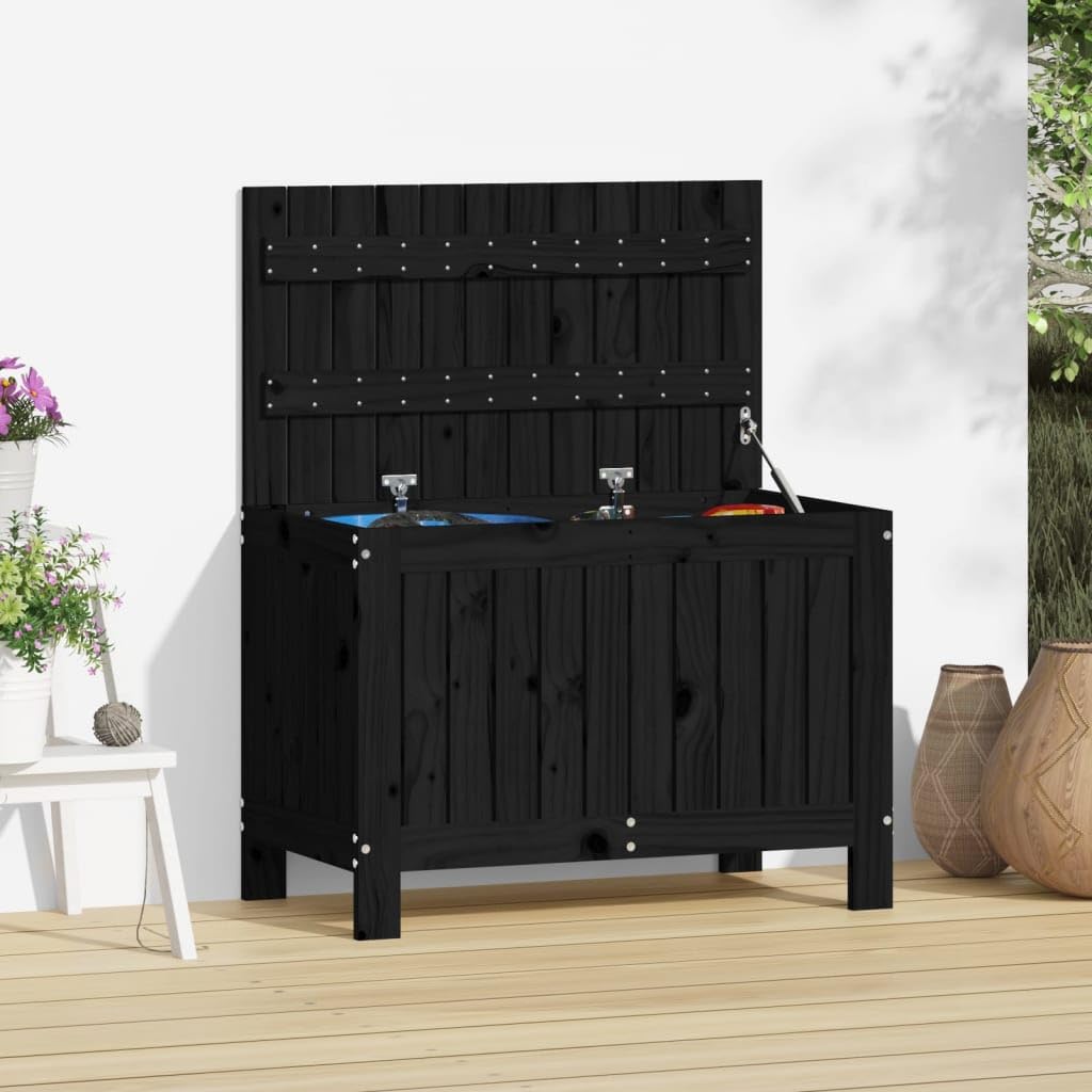 Baule da giardino nero, 76 x 42,5 x 54 cm, in legno massello di | coperchio con molla a gas, ventilazione tramite lamelle, istruzioni di montaggio incluse (lingua italiana non garantita)