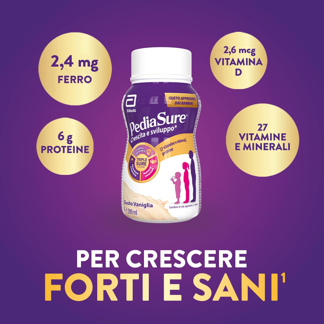 Pediasure Crescita e Sviluppo Drink, Integratore Bambini con Vitamine, Minerali, Proteine, per Difese Immunitarie, Concentrazione e Memoria, Formato Liquido 200 ml x 4 Pronto da Bere | Gusto Vaniglia