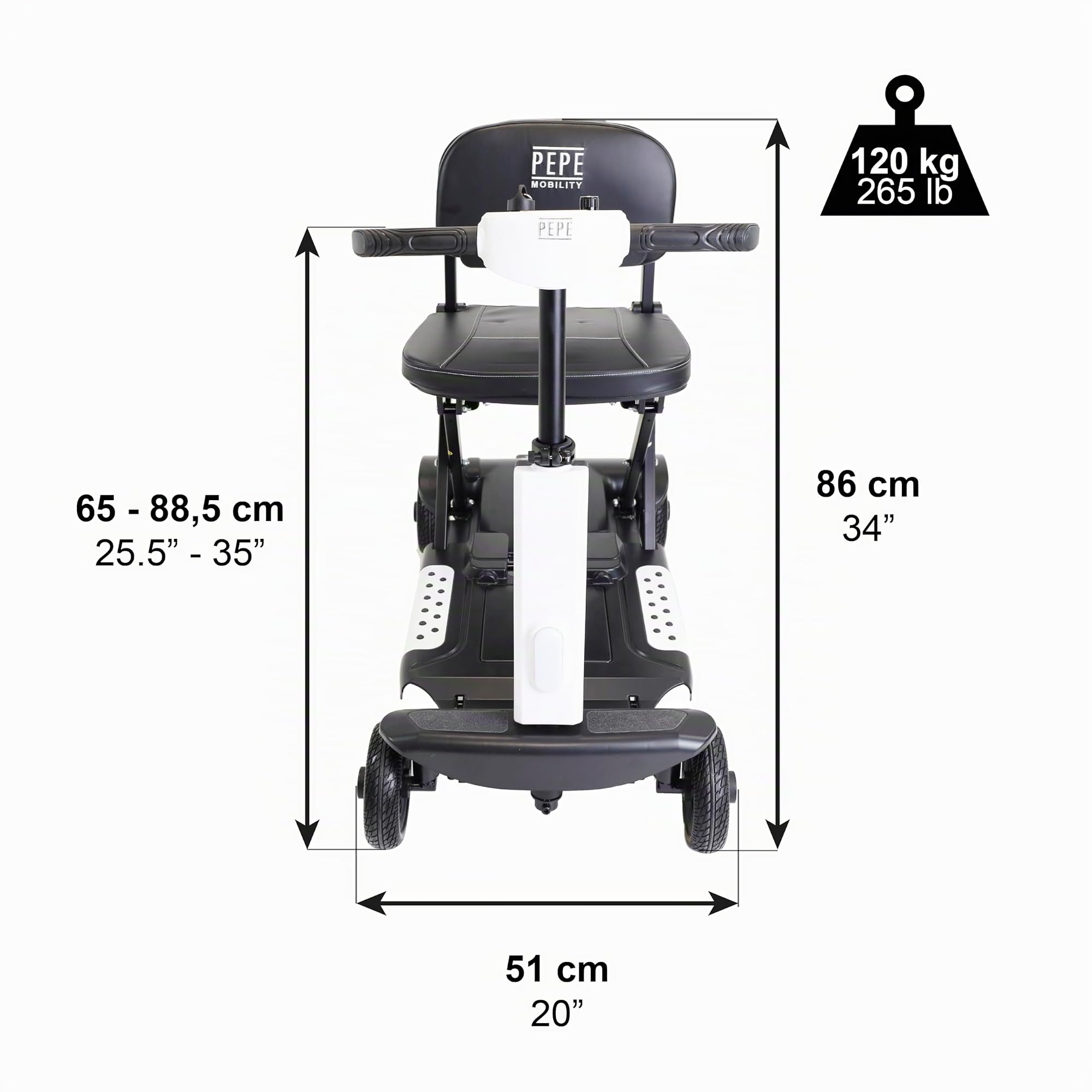 PEPE Mobility Scooter Eléctrico Plegable, Batería 10Ah, 4 Ruedas, Blanco | Autonomía de 10 a 15 km, Litio Extraíble de 24V con 2 Llaves, Manillar Regulable, Asiento Acolchado, Luz LED y Claxon