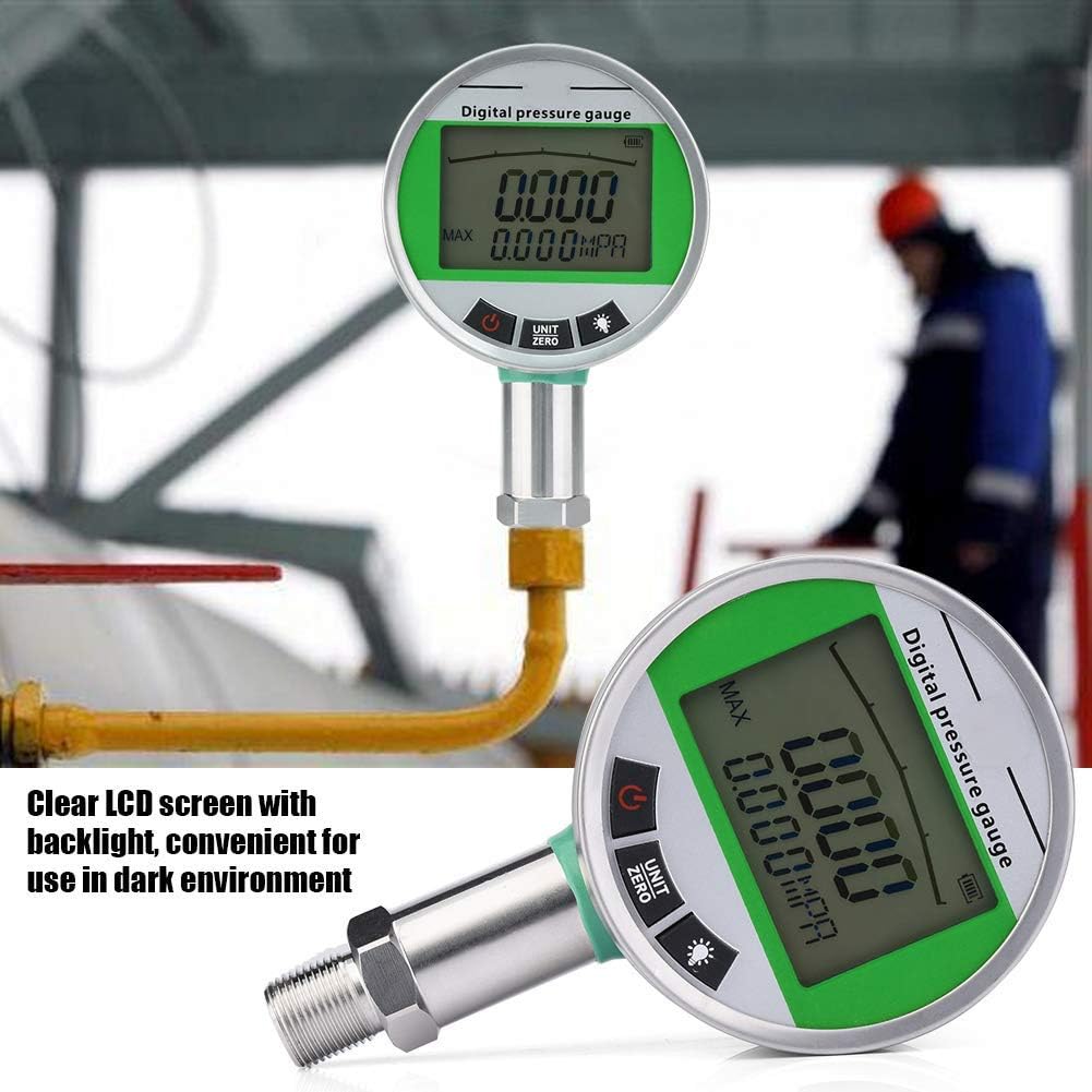 Digital Pressure Gauge 60MPa/8700Psi Hydraulic Gas Water Pressure Gauge Accuracy 0.4% FS NPT1/4 Interface, Backlight Silica Gel Case(Green)