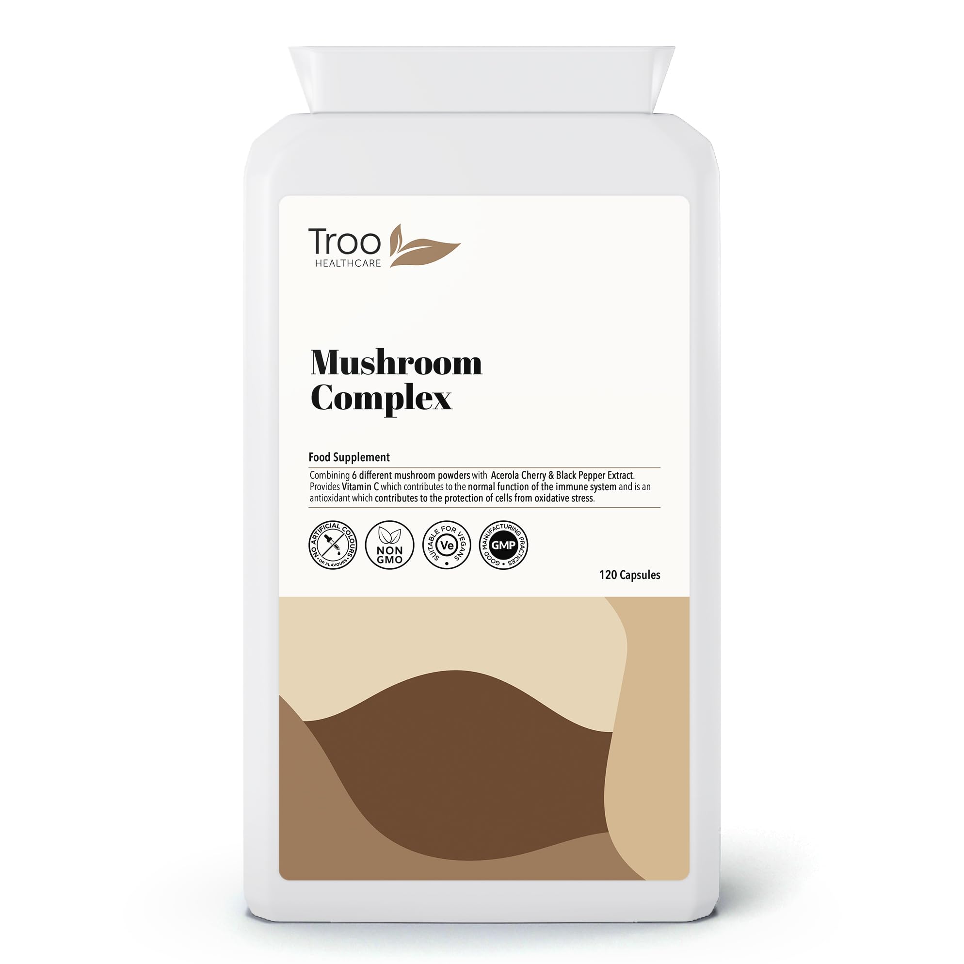 Troo Health Care Mushroom Complex 120 Capsules - 6 Shrooms with Acerola, Turmeric & Black Pepper - Maitake, Reishi, Shiitake, Chaga, Cordyceps, Lion's Mane - Soil Association Certified