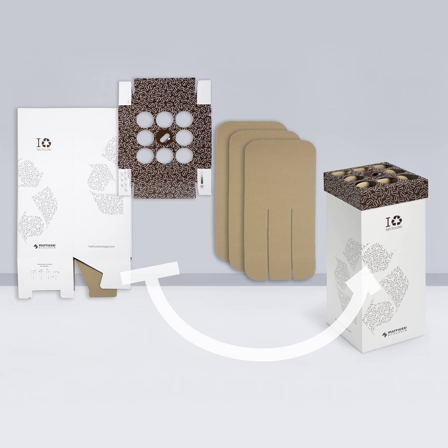 5 CONTENITORI CART-ONE caffè: contenitore in cartone ecocompatibile per la raccolta dei bicchieri da caffè e dei bastoncini, completo di 10 sacchi