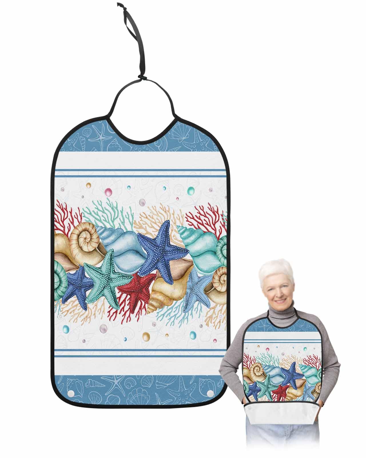 LEOKOTI Blue Coastal Adult Bibs for Eating, Waterproof Bibs with Food Catcher & Adjustable Snap Closure, Nautical Starfish Coral Shell Beach Ocean Washable Clothing Protectors Adult Bibs for Elderly
