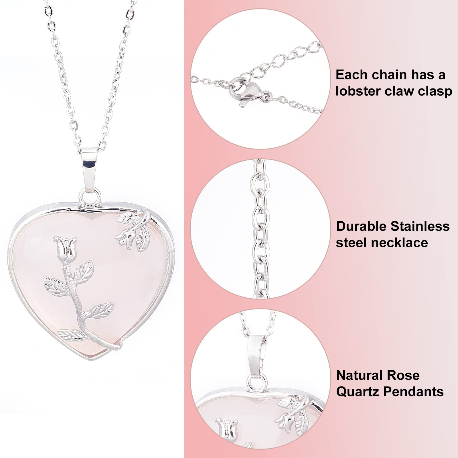 SUNNYCLUE 1 Box 3 Style DIY Natural Rose Quartz Necklace Gemstone Necklace Making Kit Healing Stone Bullet Heart Pendants with Stainless Steel Chain for Jewellery Making Charms DIY Craft Chakra Decor - Image 4