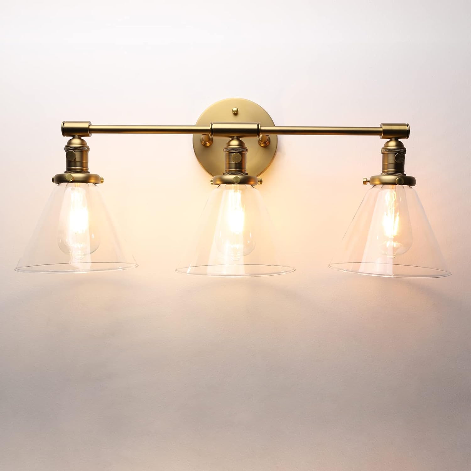 Phansthy 3 Light Sconce Wall Mount Bathroom Light Fixture with 7.3 Inches Cone Clear Glass Canopy, Antique