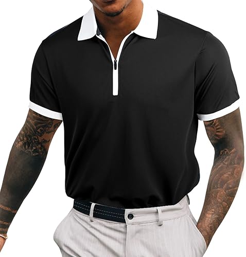 Suwangi Camisa polo con cremallera para hombre, de secado rápido, manga corta, para golf, absorbe la humedad, informal, táctica para hombre