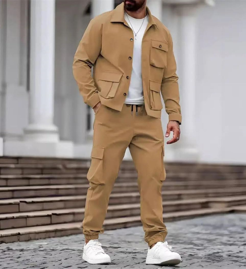 Men's Cargo Jacket Pants Set Multi Pocket Outdoor Suit Long Sleeve Button Up Jacket Elastic Waist Trousers