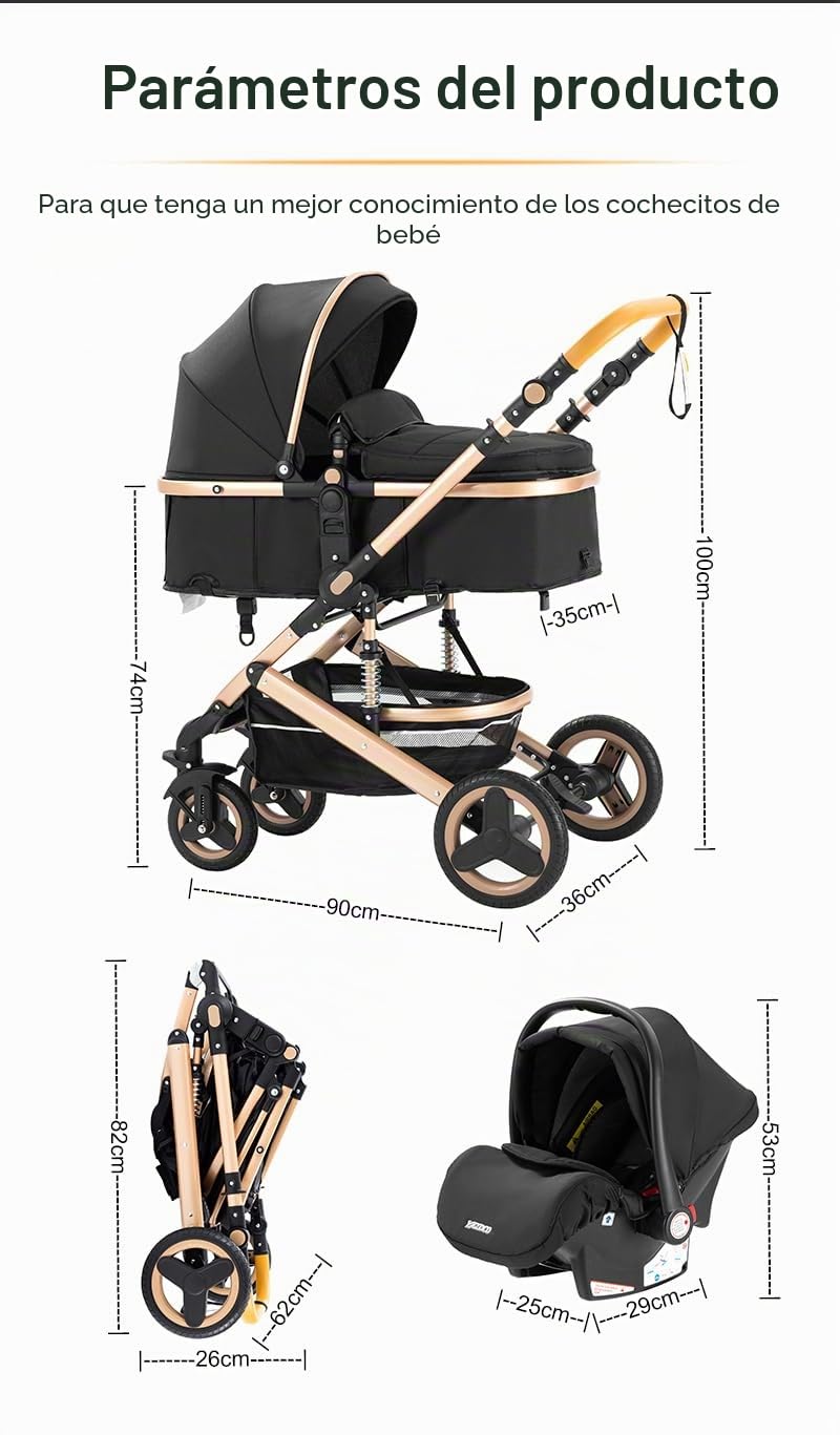 YAZOCO Carrito bebe 3 en 1 Cochecito De Bebé Combinado Compacto Todoterreno Lujoso Paisaje Alto Cuatro Veces 0-36 Kg Cochecito De Bebé BastóN Plegable Accesorios CóModos