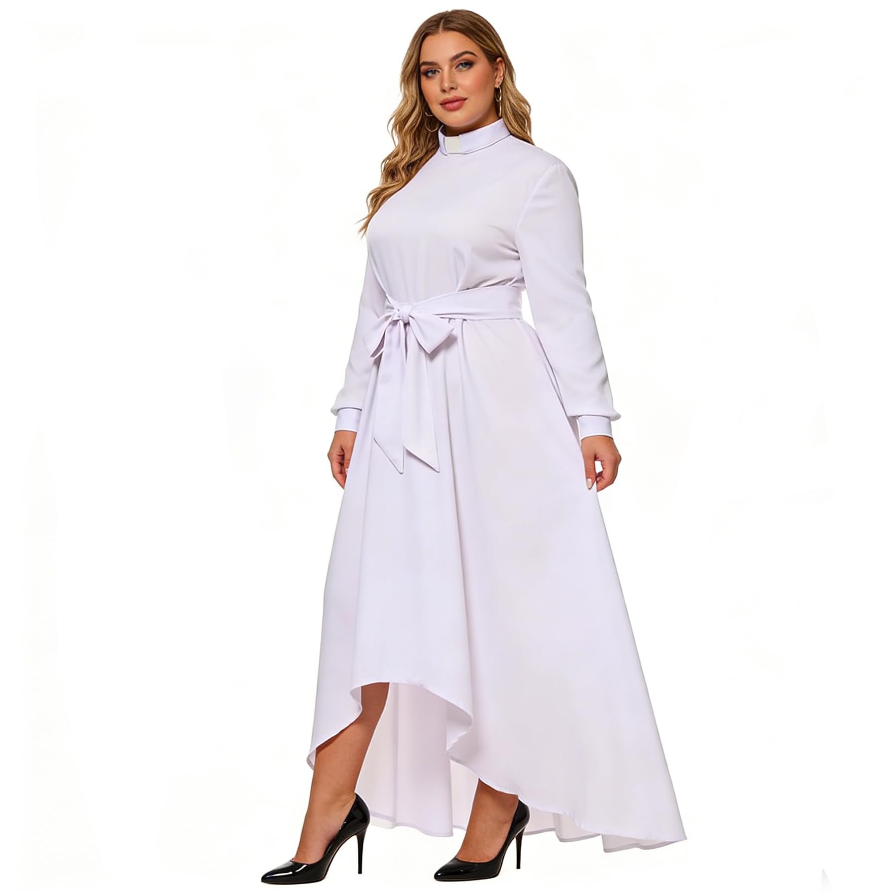 Sukienka kościelna dla kobiet z długim rękawem, luźna, elegancka sukienka maxi dla duchownych z zakładką, kołnierz i paski, biały, M