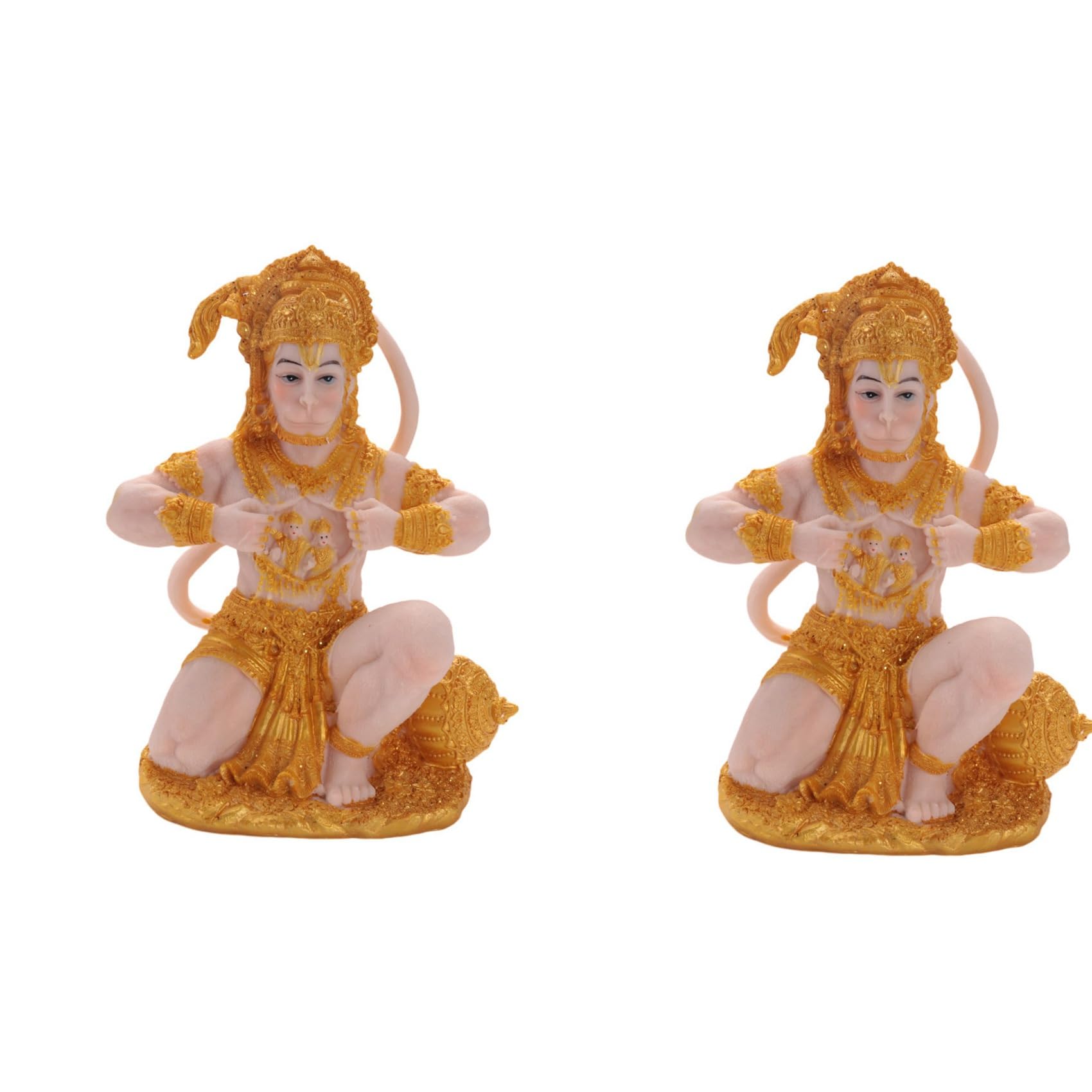 Hndhbfgrt 2X Gold Hanuman Statue Indian Lord Sculpture India Figurine Collection Idol Murti Pooja Sculpture for Decor Ornament
