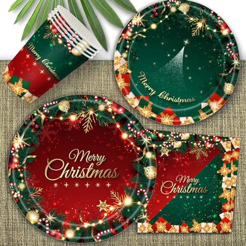 Temeisi SD-CJ Christmas Disposable Plates Set, 25 Set Christmas Disposable Plates For Party, Napkin Cutlery Plate Straws Tablecloth Banners For New Year Party Supplies Christmas Decor thumb #1