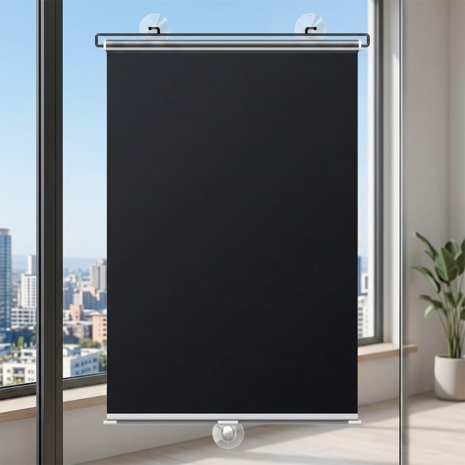 Verdunkelungsrollo ohne Bohren mit Saugnäpfen, Sonnenschutz Fenster innen, Hitzeschutz Thermo Rollo für Auto, Büro & Dachfenster, Einziehbar Sichtschutz, 68x125cm(Black,79W x 150H cm)