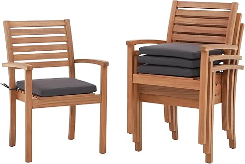 Miniatura 7 de OC Orange-Casual Juego de 4 sillas de comedor apilables para patio, sillas de madera de acacia al aire libre con reposabrazos y cojín de tela