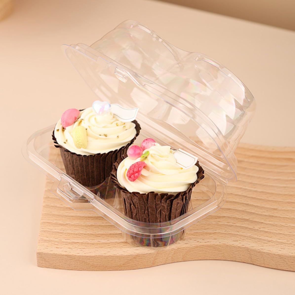 SHOWERORO 50pcs Cupcake Storage Box with Lid, Sturdy Pe Material Double Cavity Cake Containers for Muffins and Cookies, Convenient and Sturdy Small Cake Carrier for Parties and Birthdays