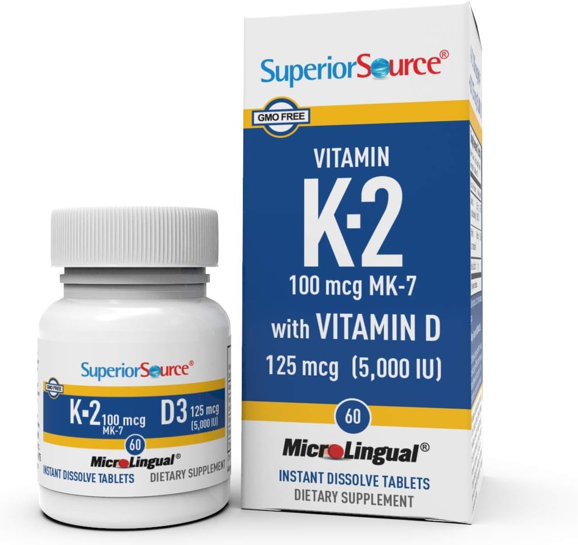 Superior Source K2 (MK-7) 100 mcg, with D3 (5,000 IU) Supplement, Quick Dissolve MicroLingual Tablets, 60 Count, Strengthen Bones, Cardiovascular & Immune System Support, Non-GMO