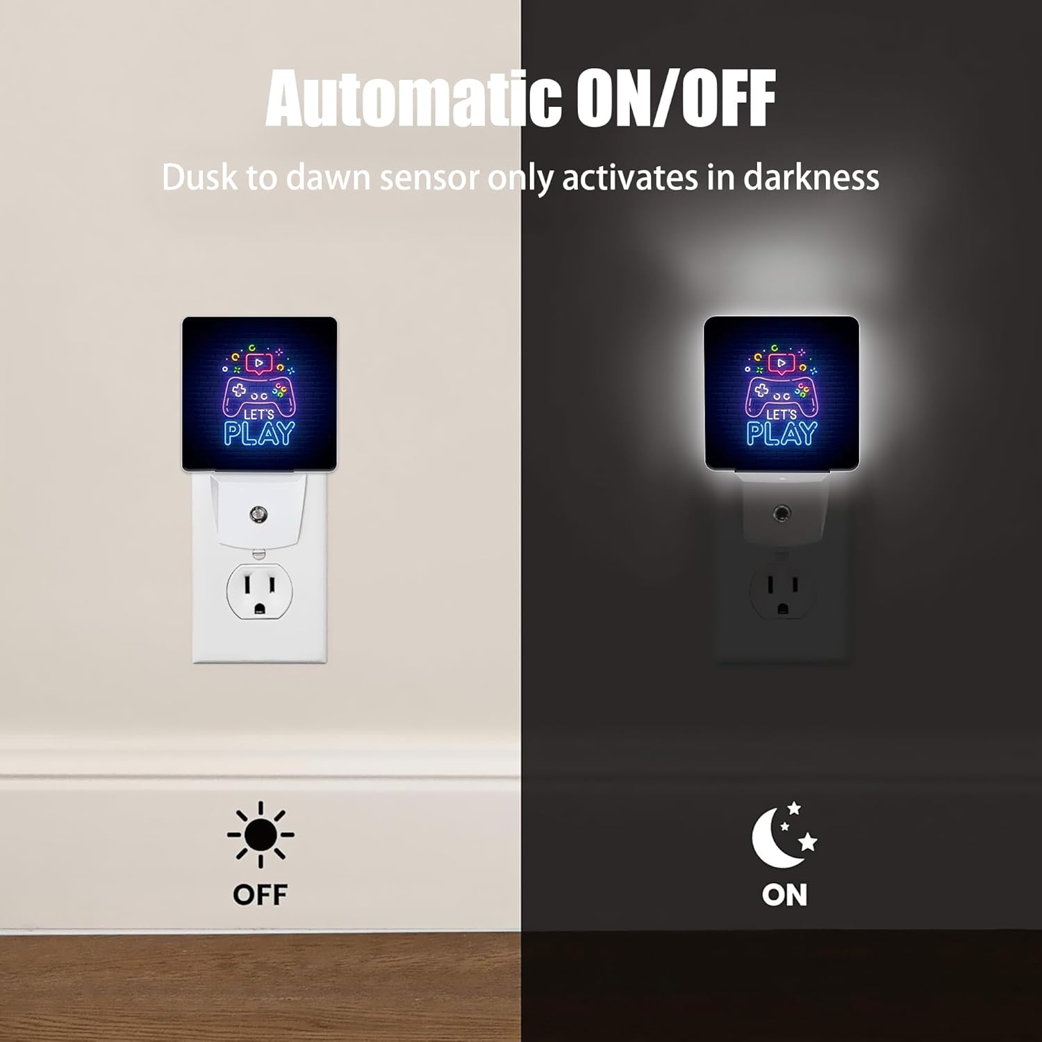 Game Neon Night Light, Let's Play Game Night Lights Plug into Wall Decor for Bedroom, Bathroom, Hallway, Kitchen, Dusk to Dawn Sensor Nightlights for Boys Girls Women Men Room Gifts