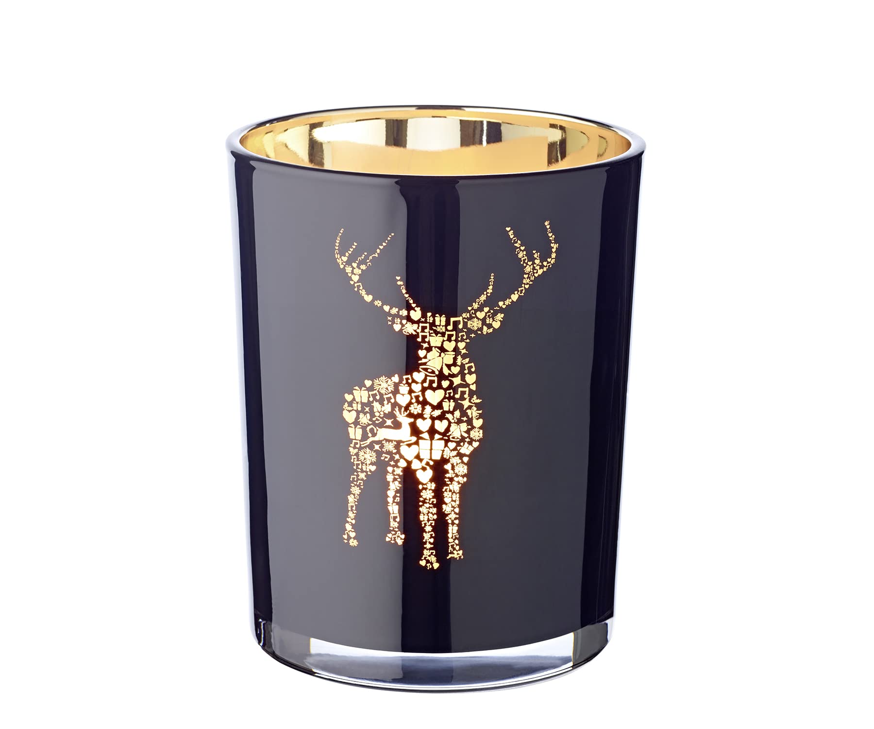 EDZARD Tealight candler holder Fancy, with Stag motif, hight 13 cm, diameter 10 cm, outside black, inside gold