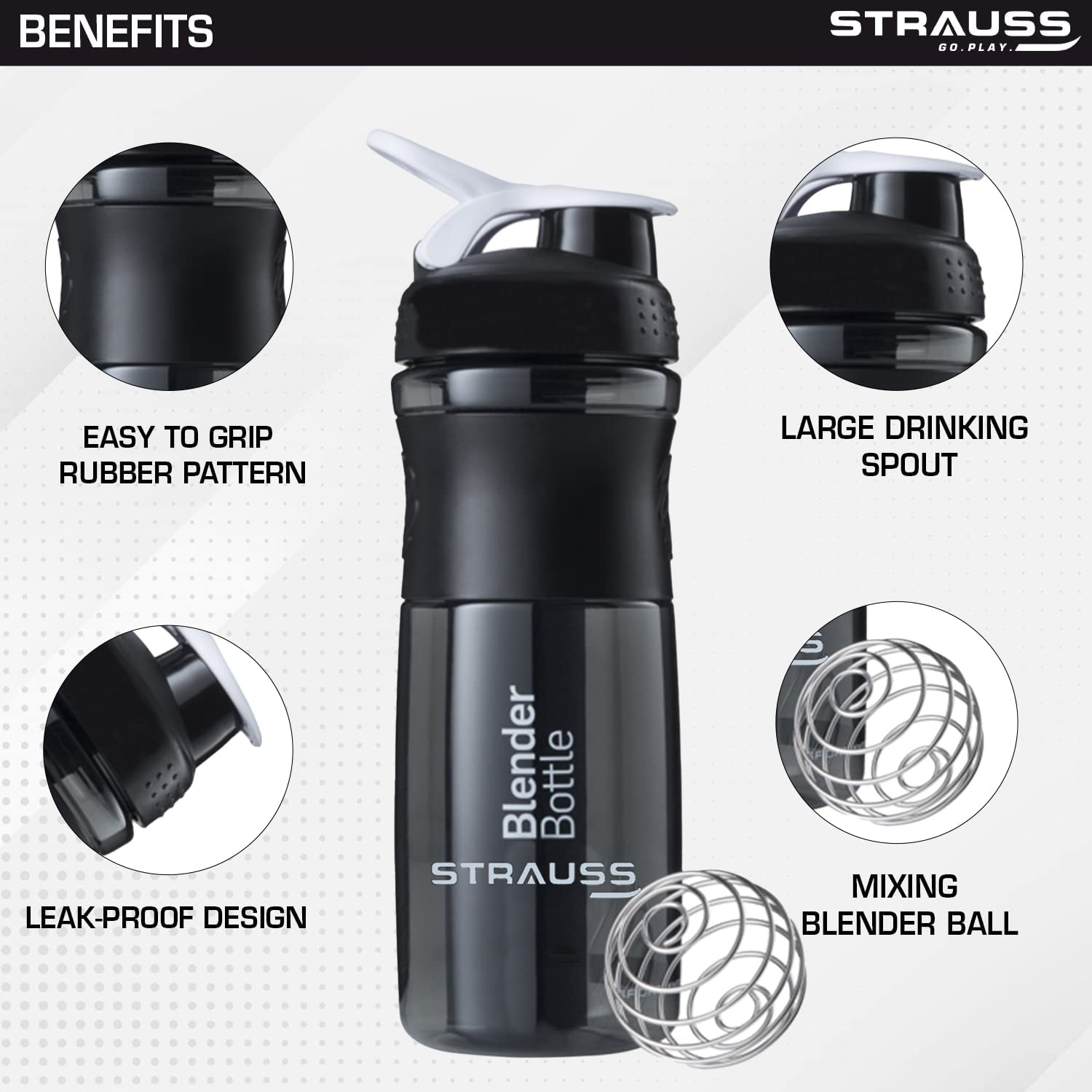 STRAUSS Blender Bouteille shaker de protéines | Shaker de gym | Bouteille à bec | Bouteille de gym