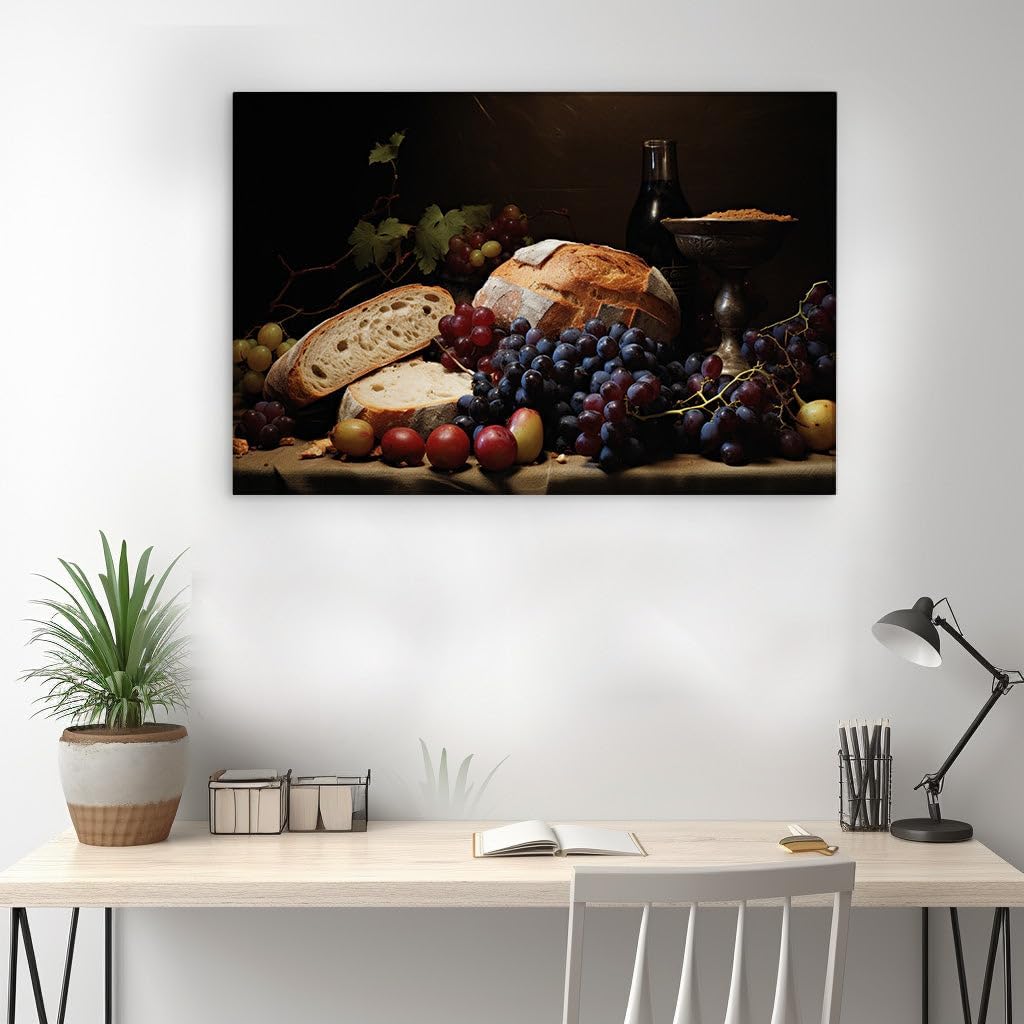 Canvas for Living room. Savoring the Stillness: A Rustic Tableau of Bread, Grapes, and Wine, 27 x 18 inch Canvas Wall Art - Religion And Spirituality - Modern Home Decor - 69x46 cm (27x18 inch)
