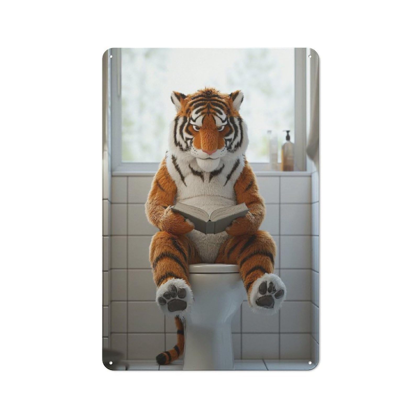 Junmoney Style-22 Tiger Reading On A Toilet Vintage Tin Sign 30X20cm For Café Or Restaurant, Suited To Café Owners And Decorators