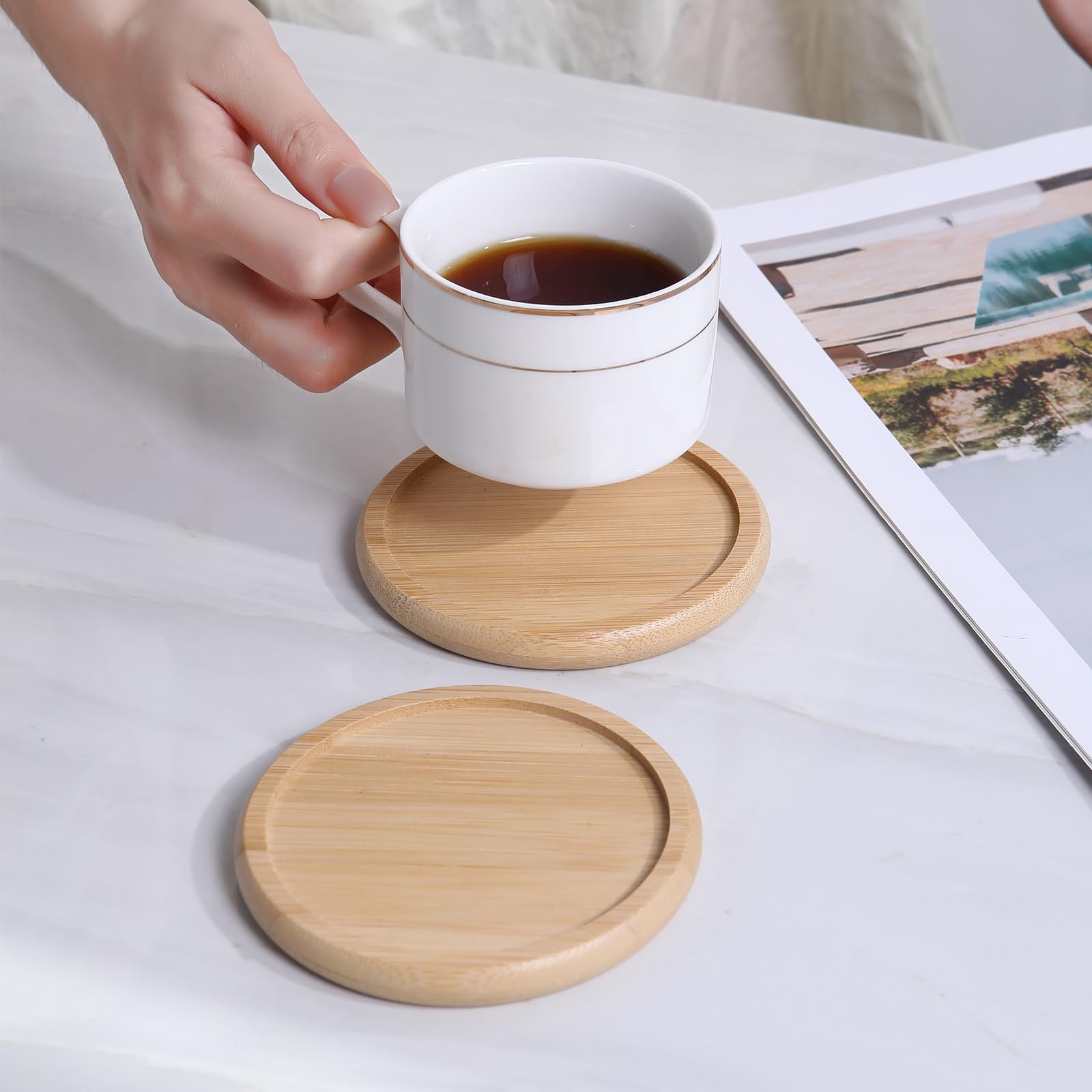 Posavasos de bambú para mesa de café, posavasos con soporte, posavasos calientes o fríos, juego de 4/8/12, 4 pulgadas, posavasos para bebidas, absorbentes, protección (12 piezas)