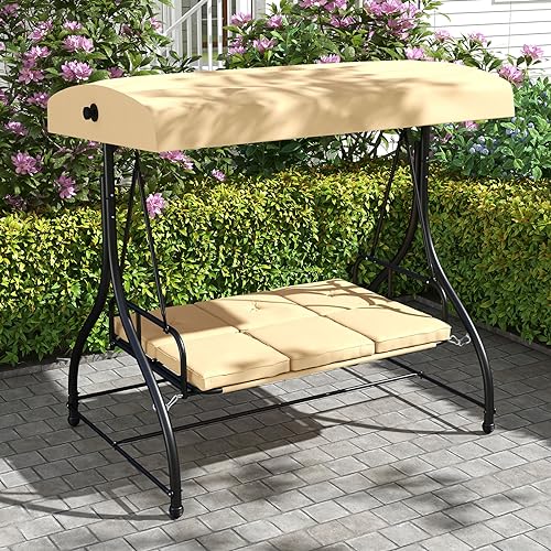 Image of HAPPYGRILL 3 Seat Outdoor Porch Swing, 2-in-1 Swing Glider with Adjustable Canopy, Removable Cushions, Foot Pad, Curved handrails, Outdoor Swing for Patio Yard Garden Balcony Backyard