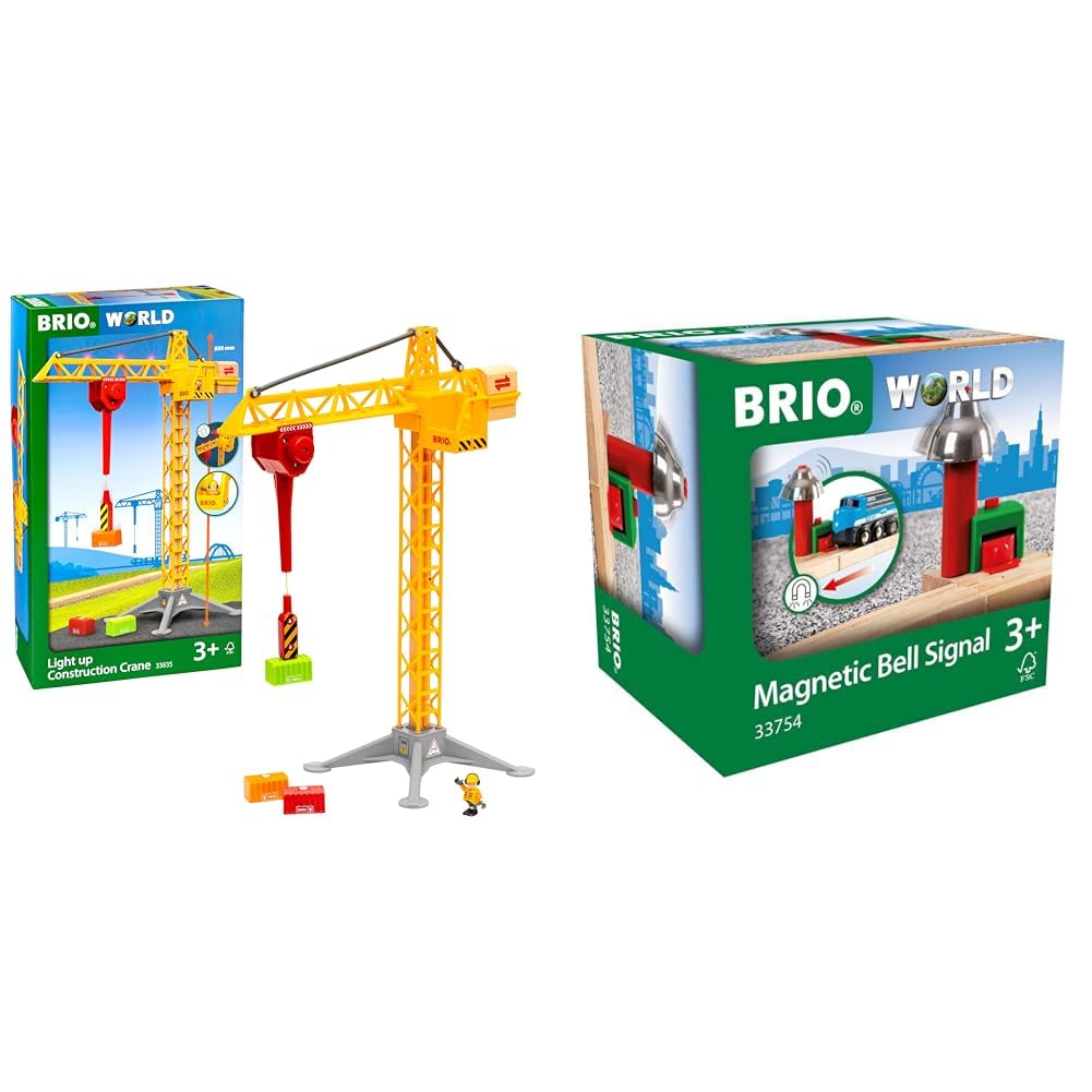 BRIO World 33835 Großer Baukran mit Licht - Zubehör für die BRIO Holzeisenbahn & World 33754 - Magnetisches Glockensignal – Eisenbahnzubehör Holzeisenbahn