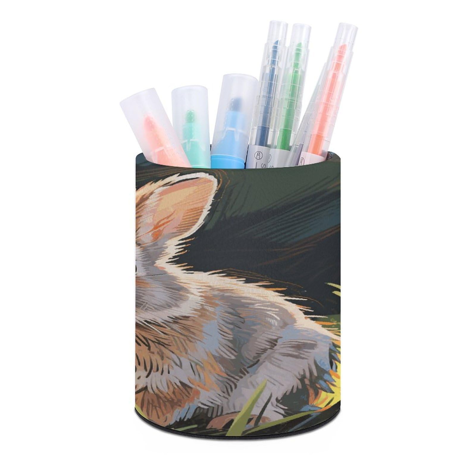 VstaDank Rabbit Pen Holder Round Pencil Holder Cup Pen Container PU Leather Desk Organizer Stand Decorative Brush Scissor Holder Decoration Office Desk Home (3.1 x 3.9 inch)