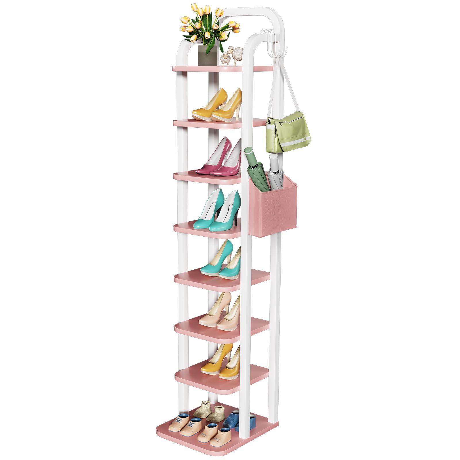 Feonase 8-Tier Narrow Shoe Rack Tall Shoe Storage with Hooks & Side Pocket Removable Shelf, Metal Shoe Rack for Space Saving Organiser for Entryway Hallway Bedroom Pink