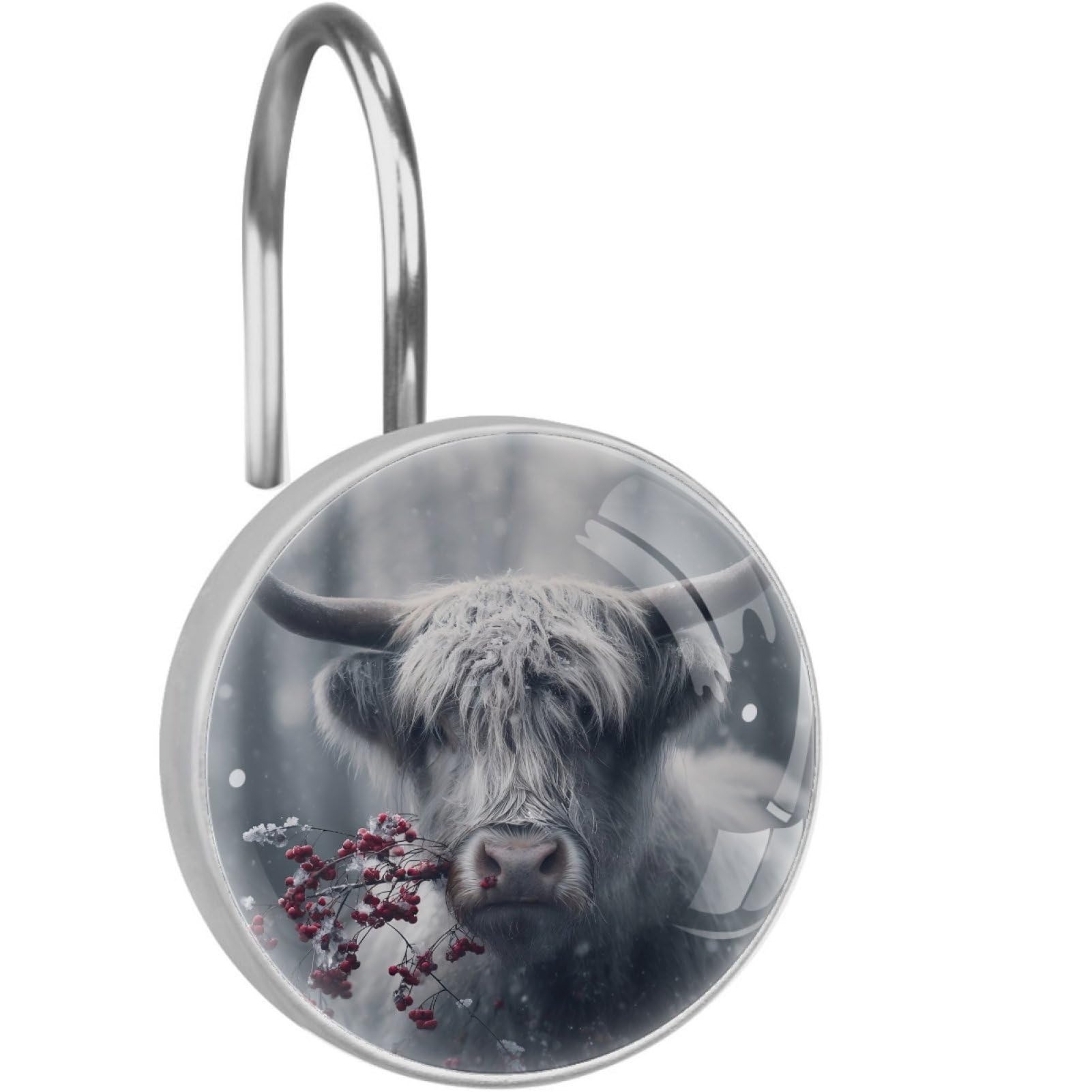 VAPOKF Decorative Shower Curtain Hooks, Snow Highland Cattle Rustproof Stainless Steel Shower Curtain Rings for Bathroom, Shower Curtain Hangers for Shower Rod, 12 Pack