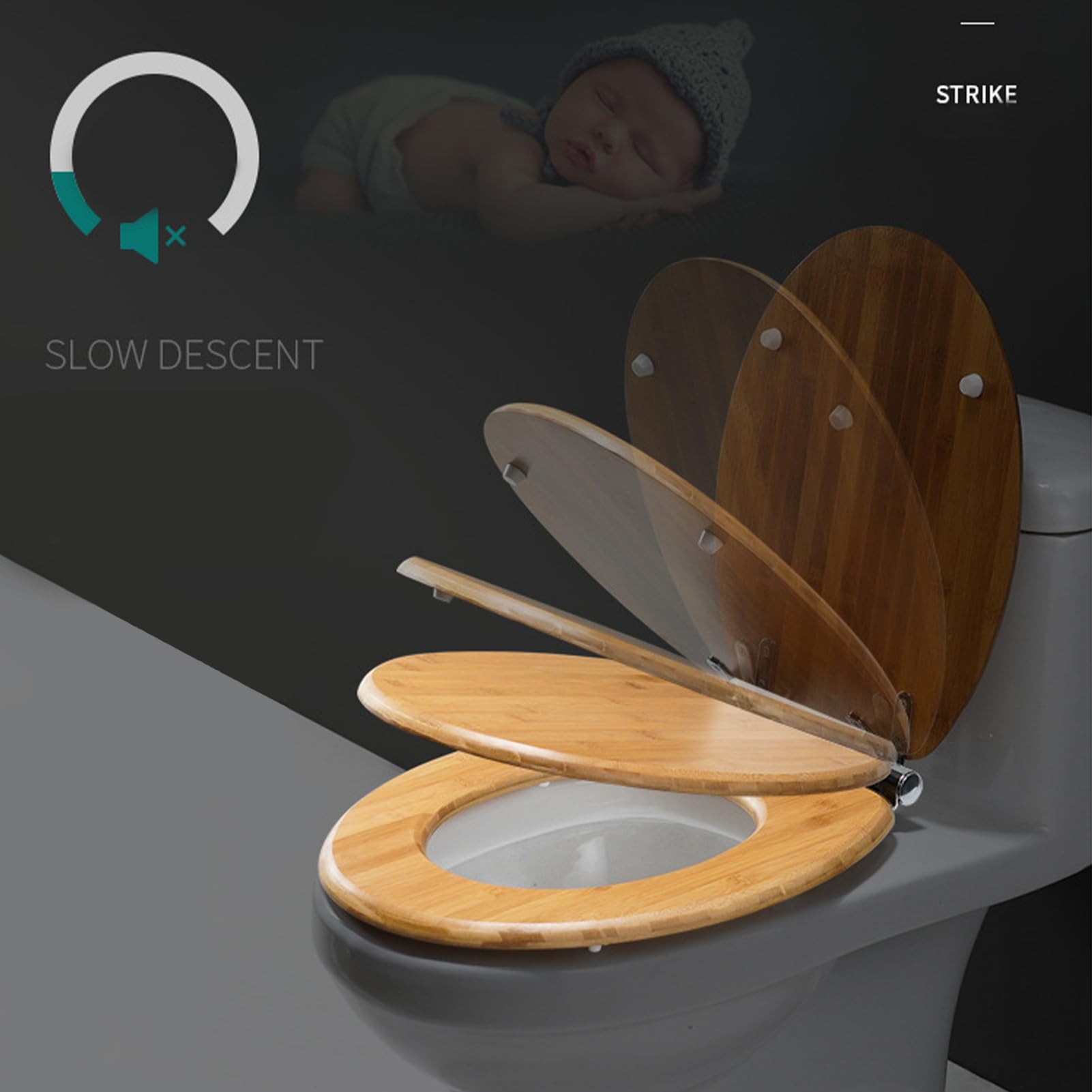 Cubierta de asiento del inodoro ovalado-Tapa tranquila del baño cerrado | asientos de baño de madera sólido Top con soporte flexible con platillo cromado, resistente al deslizamiento, sin gérmene