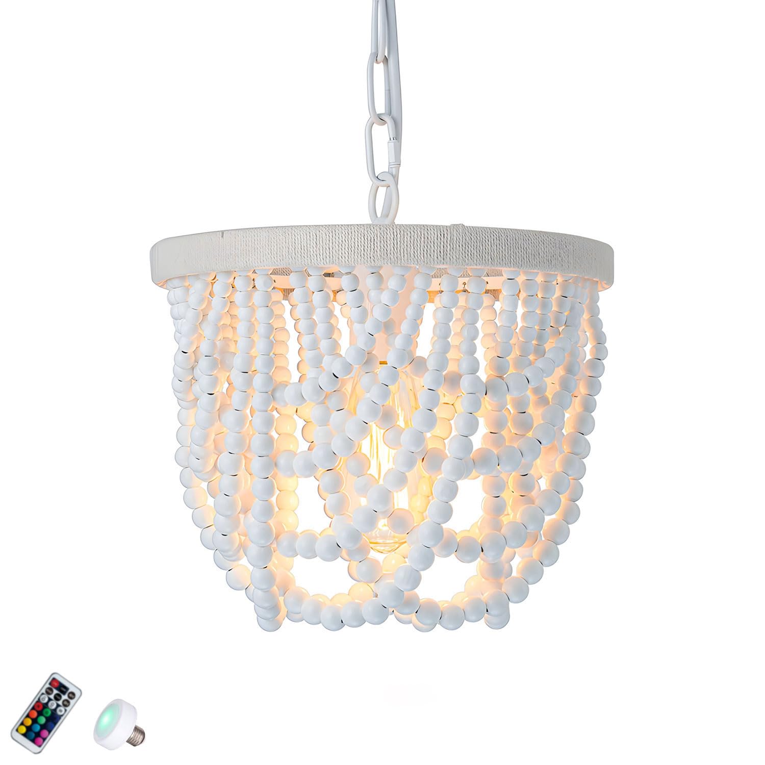 FZQSXAZU Chandeliers Beaded Chandelier ht Fixture, Bohemia Wood Pendant hts, Farmhouse with Bulb & Remote Control, Mini White Finishing, for Dining RoomBedroom (Color:Co