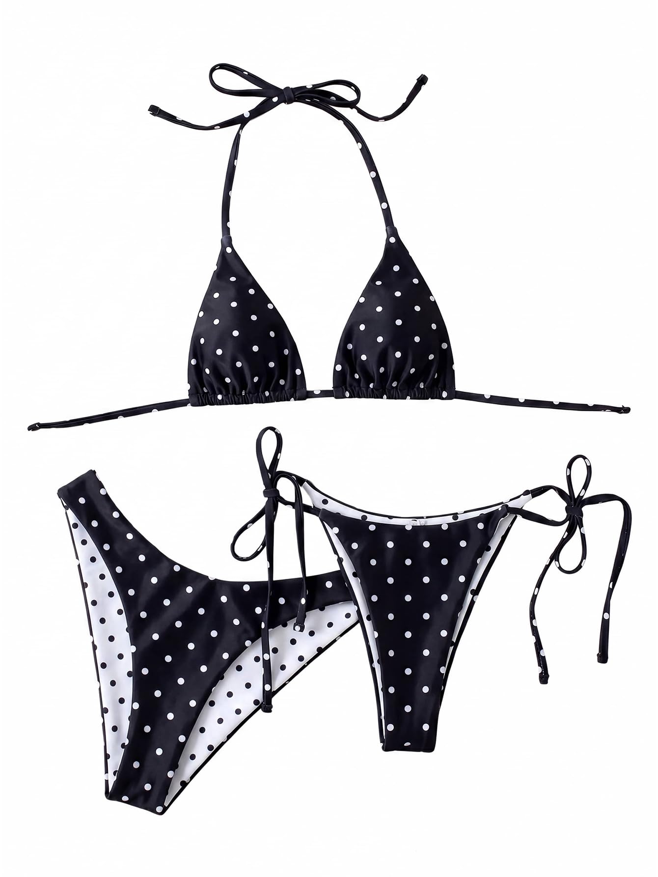 Damskie Bikini W Kropki 3-częściowy Trójkątny Strój Kąpielowy Halter Stringi Czarny XX-duży
