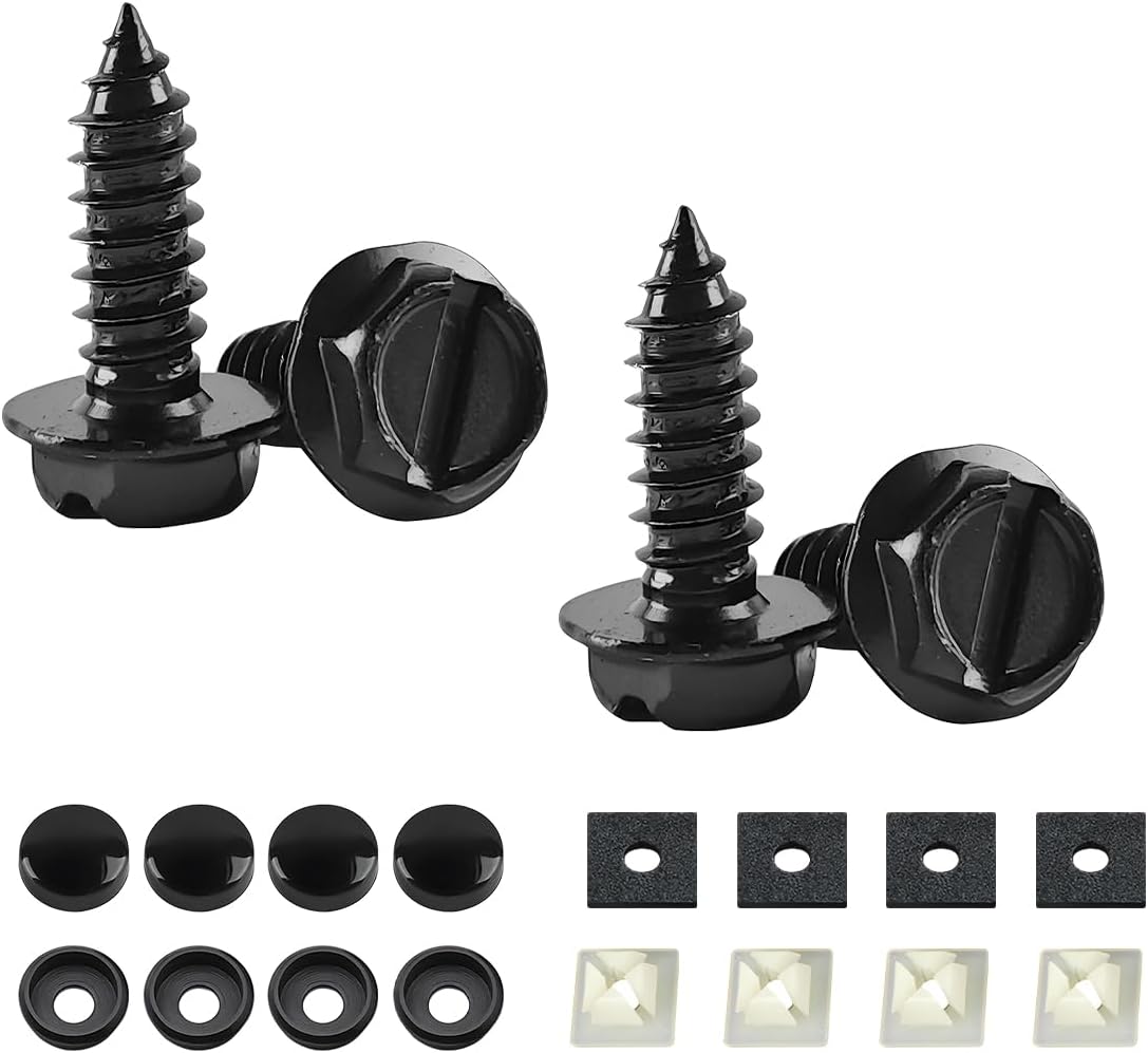 YALOK Anti Theft License Plate Screws Kits 4Sets Rustproof Stainless Steel Car Tag Plate Mounting Hardware, M6 (1/4") Tamper Proof Fastener Nut, Caps Cover for Front Rear Frame Holder (S-Black Set/4)