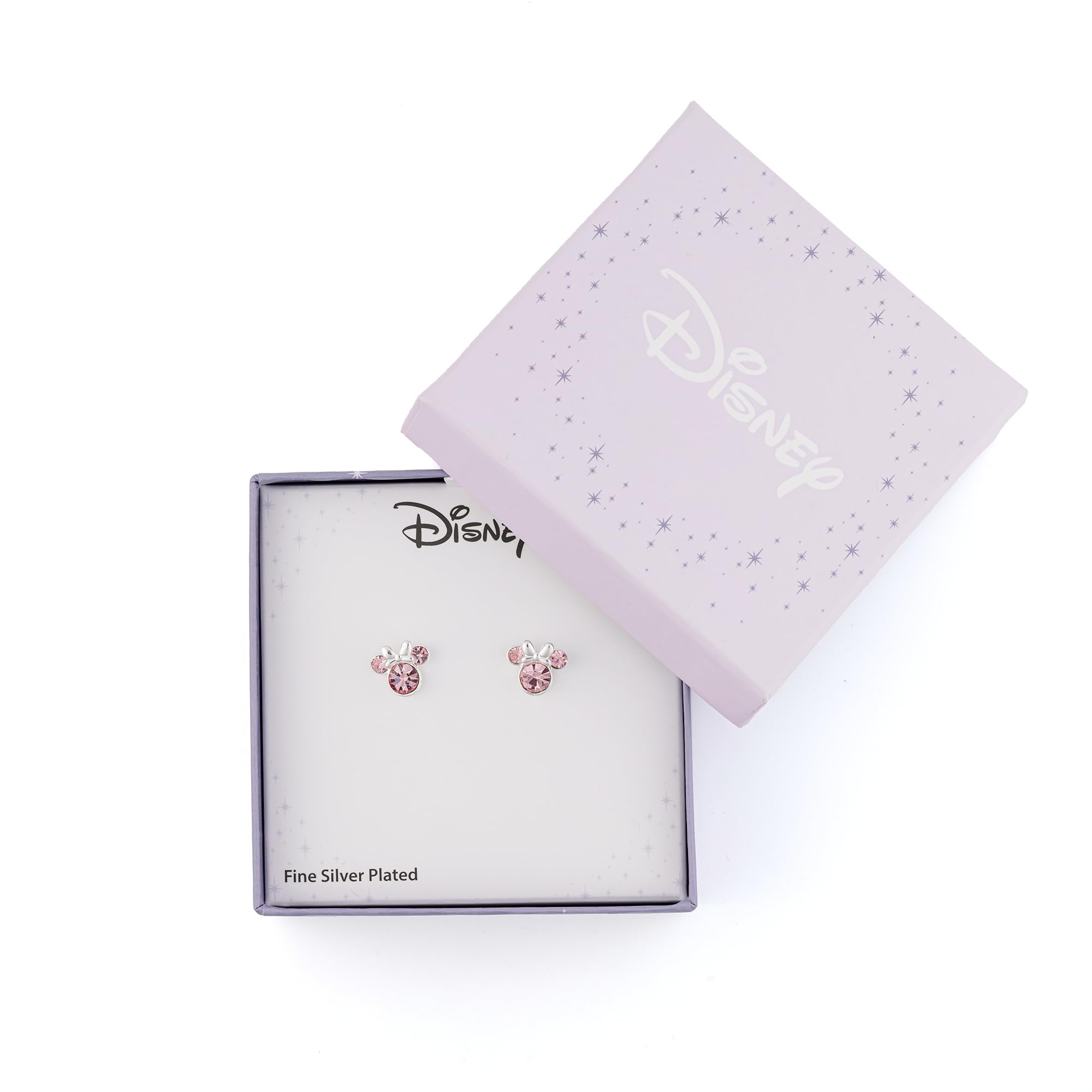 Pendientes de tuerca chapados en plata con cristal rosa de Minnie Mouse para niñas y mujeres, talla única, Chapado en plata, Sin piedra preciosa