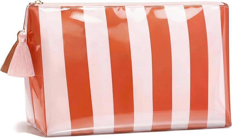 Necessaire LETGO listrada em PVC e nylon, fechamento com zíper, laranja e branco