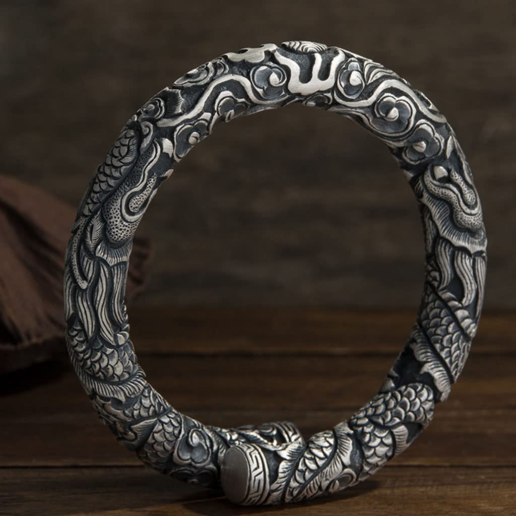 Viking Herren 999 Sterling Silber Armband, Handgemacht Nordisch Weinlese Drachen Totem Tattoo Drucken Manschette mit Offenem Armreif, Punk Gotisch Schmuck Geschenke