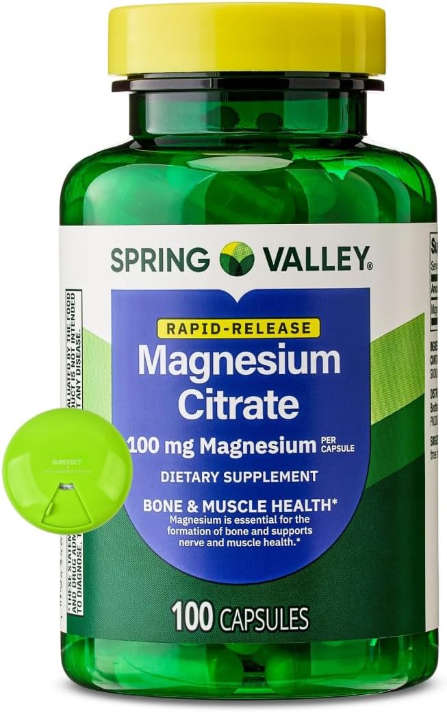 Spring Valley Rapid-Release Magnesium Citrate Bone Health Dietary Supplement Capsules, 100 mg, 100 Count + SUREFECT Organizer.