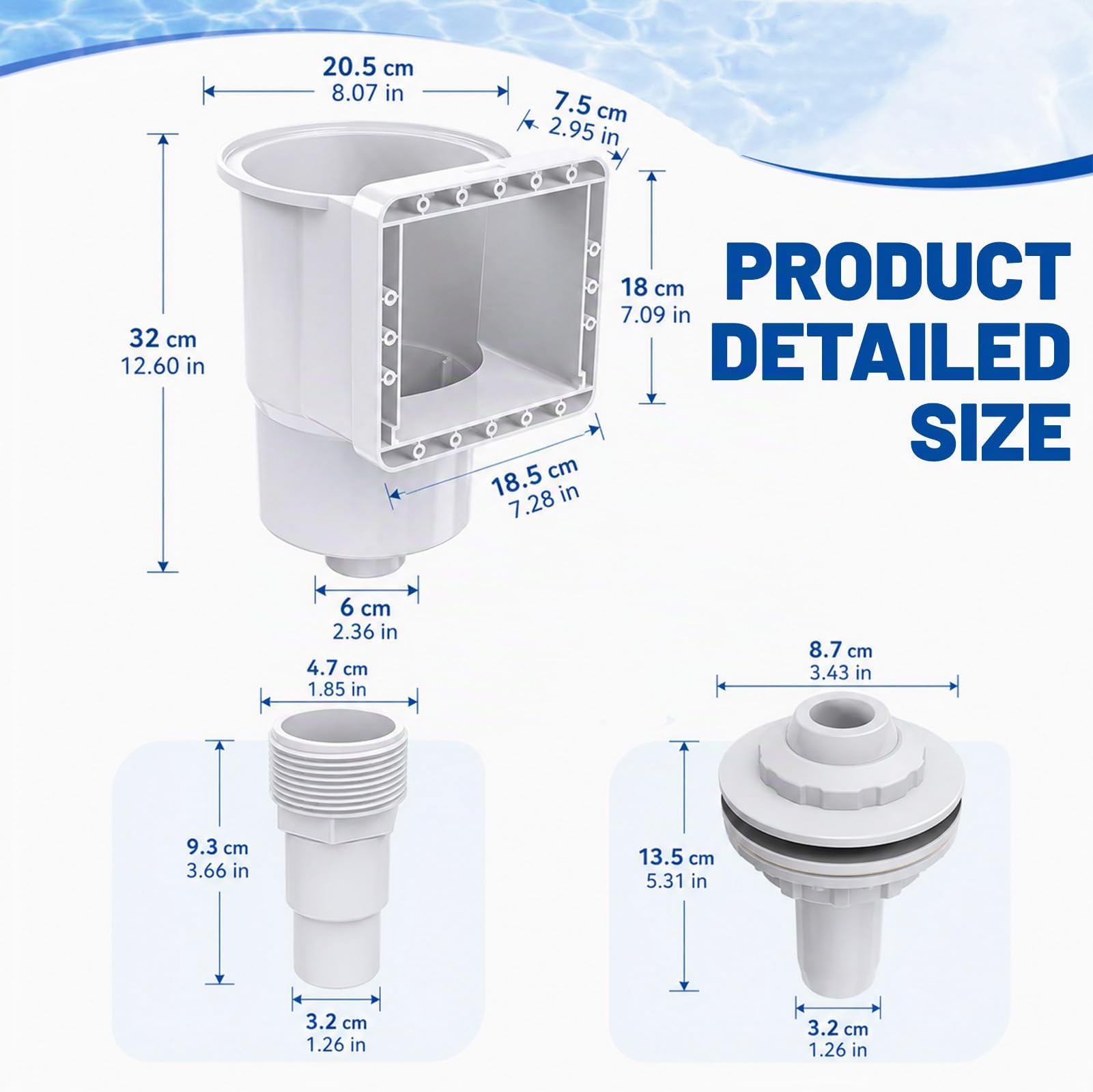 Kit skimmer encastrable 8 pièces pour piscines à paroi en acier, buse d'admission, grand panier skimmer, raccord de tuyau 32/38 mm, blanc, nettoyage et entretien de l'eau