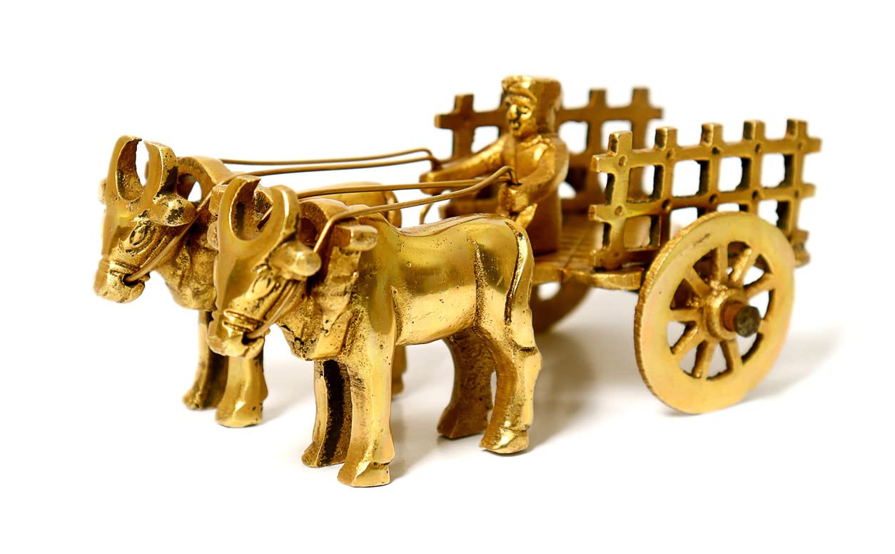 Brass Metal Vintage Bullock Cart with Double Bull with Open Jaali Decorative Showpiece | Home Decor Yellow Size-Height-6cms