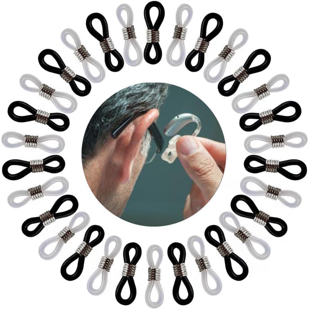Hearing Aids Glasses Connectors Attachment Loop Accessory Anti-Lost，Glasses Rope Anti Slip Silicone Anti Slip Ring Glasses Accessories Silicone 8-shaped Ring(Black 15PCs,White 15PCs) Spring Shape