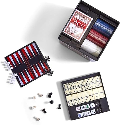 Miniatura 2 de El cubo de juego 6 en 1 High Roller incluye: 60 fichas de póquer, 28 piezas dominó, 1 tablero de ajedrez de dos caras, 32 piezas de ajedrez, 30